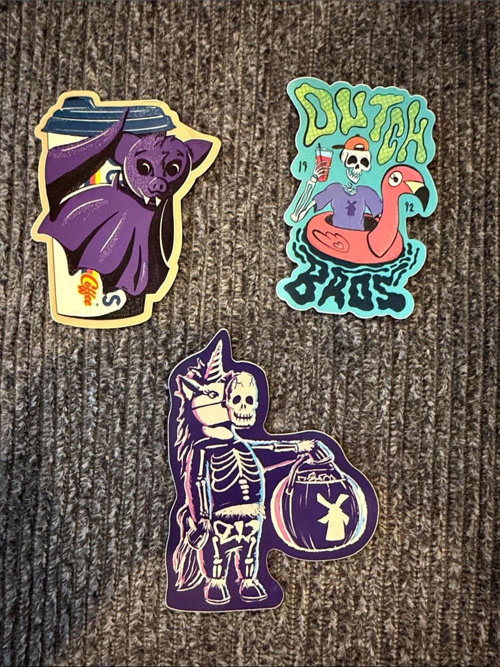 Dutch Bros Purple Bat, Skeleton Unicorn & Flamingo Sticker Set